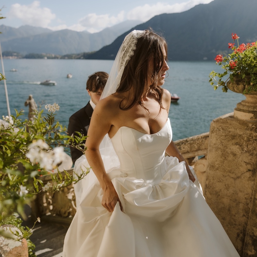Custom ivory Strapless Bridal basque waist Ballgown